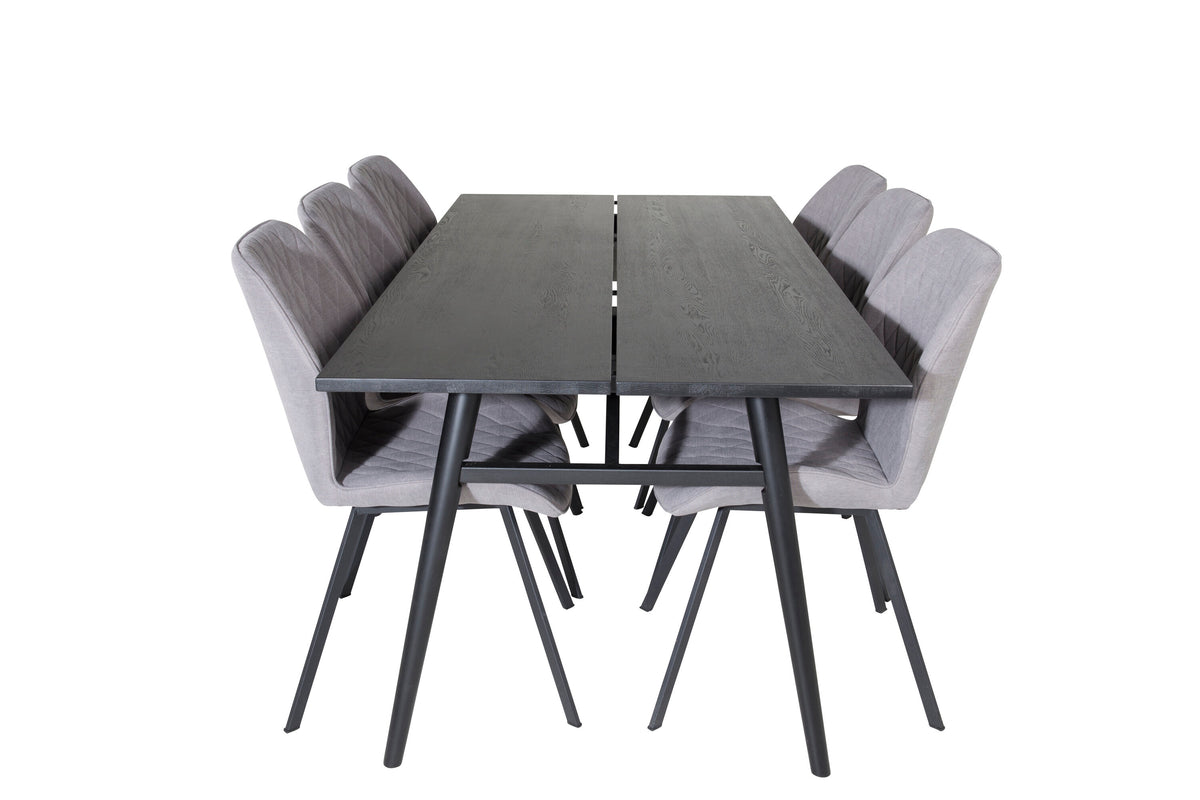 Sleek utdragbart matbord svart borstad 195*95 med 6 Gemma matstolar svarta ben grå tyg