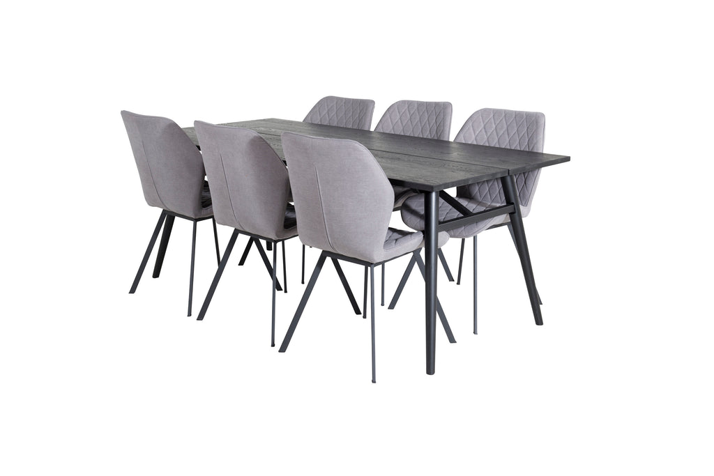 Sleek utdragbart matbord svart borstad 195*95 med 6 Gemma matstolar svarta ben grå tyg