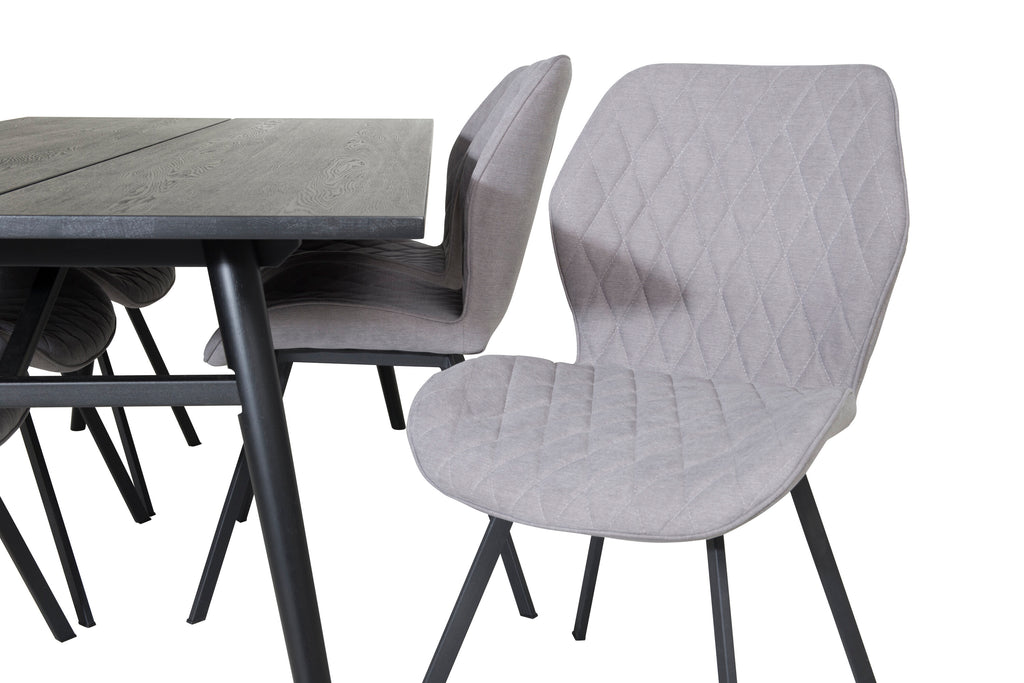 Sleek utdragbart matbord svart borstad 195*95 med 6 Gemma matstolar svarta ben grå tyg