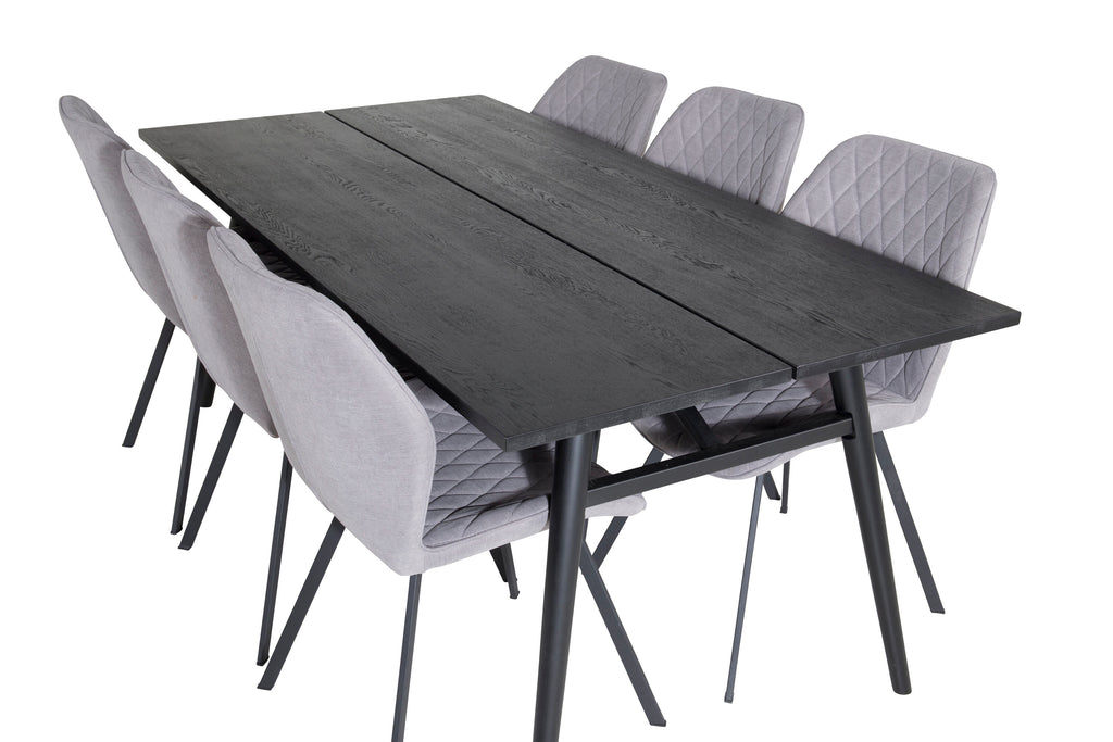 Sleek utdragbart matbord svart borstad 195*95 med 6 Gemma matstolar svarta ben grå tyg