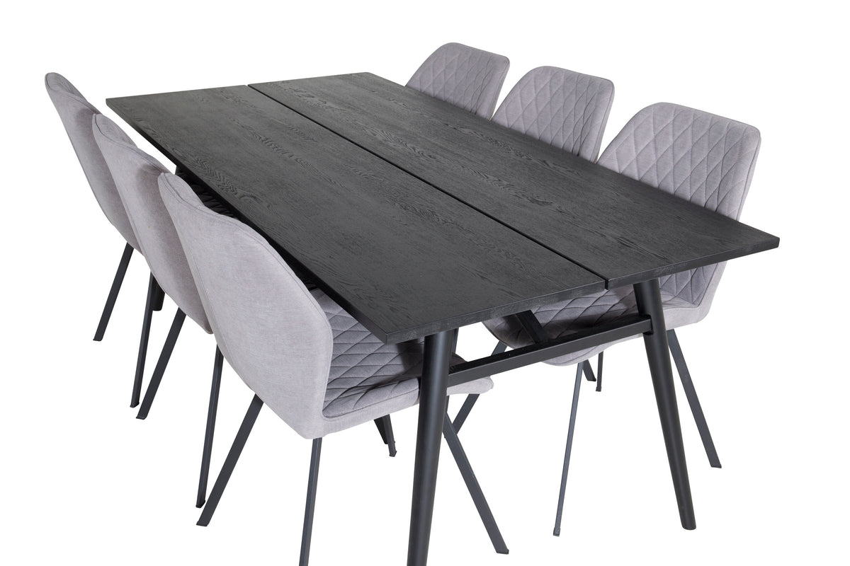 Sleek utdragbart matbord svart borstad 195*95 med 6 Gemma matstolar svarta ben grå tyg