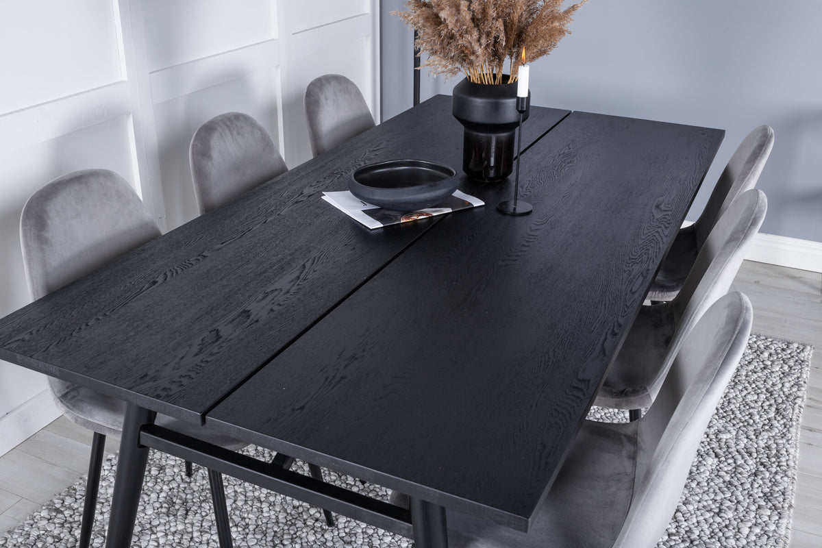 Sleek utdragbart matbord svart borstad 195*95 med 6 Polar matstolar svarta ben ljusgrå sammet