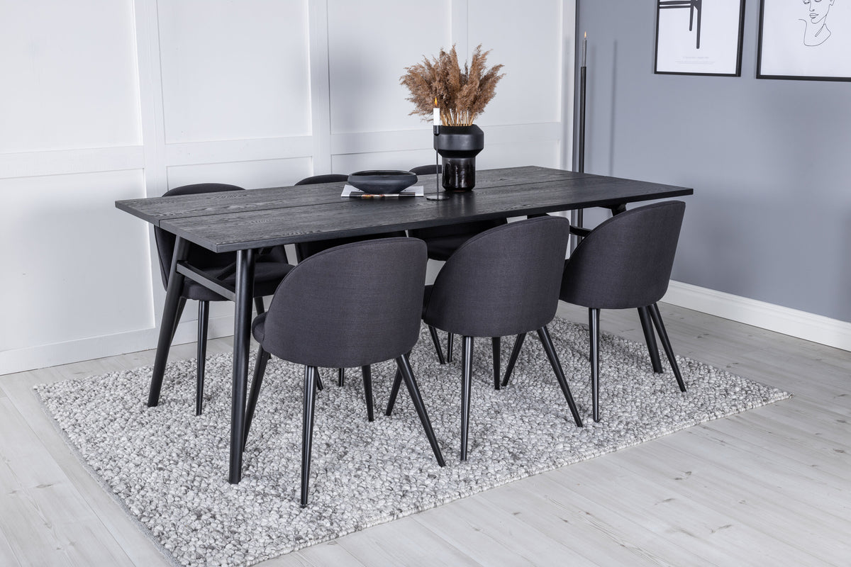 Sleek utdragbart matbord svart borstad 195*95 med 6 Velvet matstolar svarta ben svart tyg