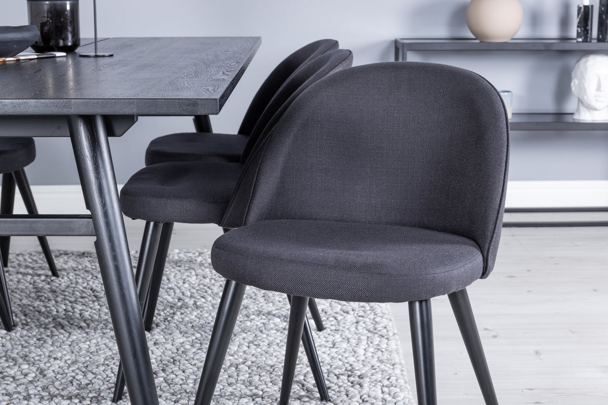 Sleek utdragbart matbord svart borstad 195*95 med 6 Velvet matstolar svarta ben svart tyg