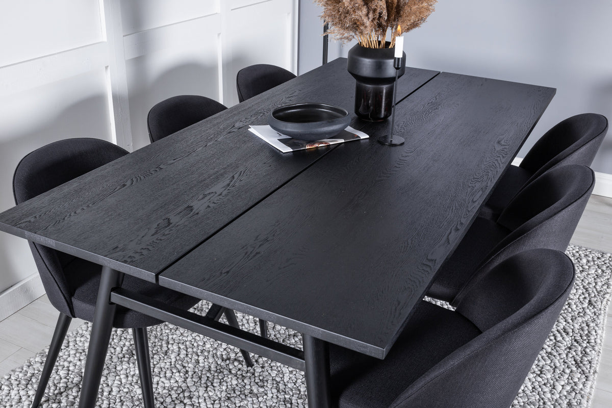Sleek utdragbart matbord svart borstad 195*95 med 6 Velvet matstolar svarta ben svart tyg