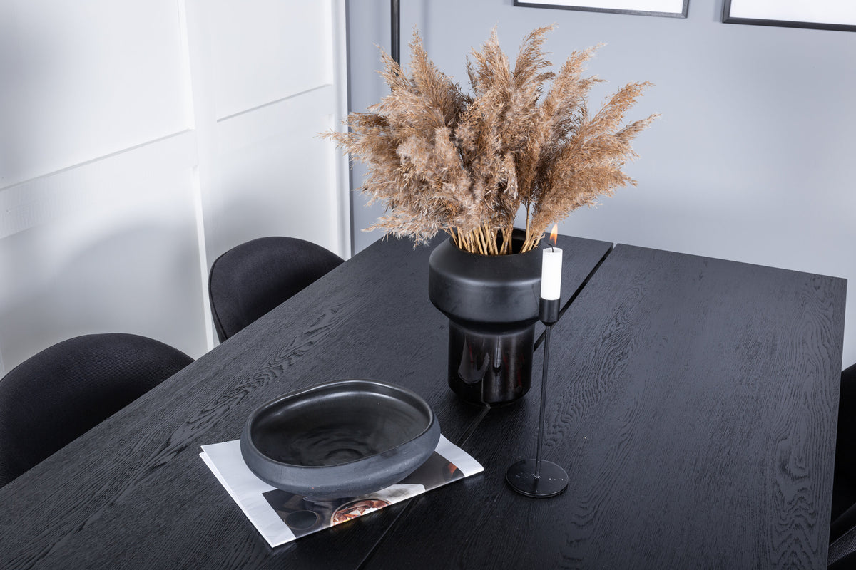 Sleek utdragbart matbord svart borstad 195*95 med 6 Velvet matstolar svarta ben svart tyg