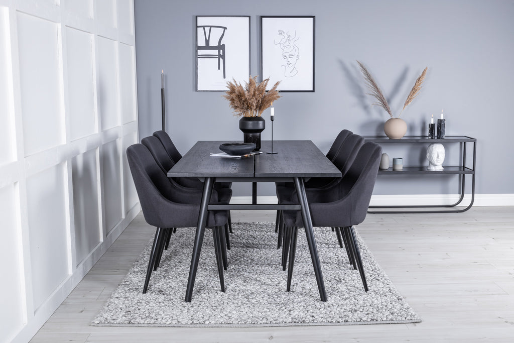 Sleek utdragbart matbord svart borstad 195*95 med 6 Plaza matstolar svarta ben svart tyg