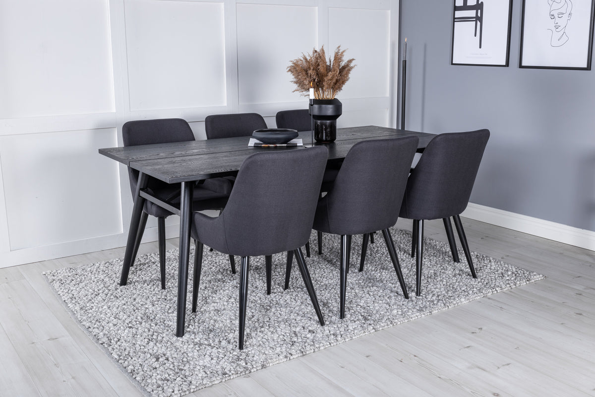 Sleek utdragbart matbord svart borstad 195*95 med 6 Plaza matstolar svarta ben svart tyg