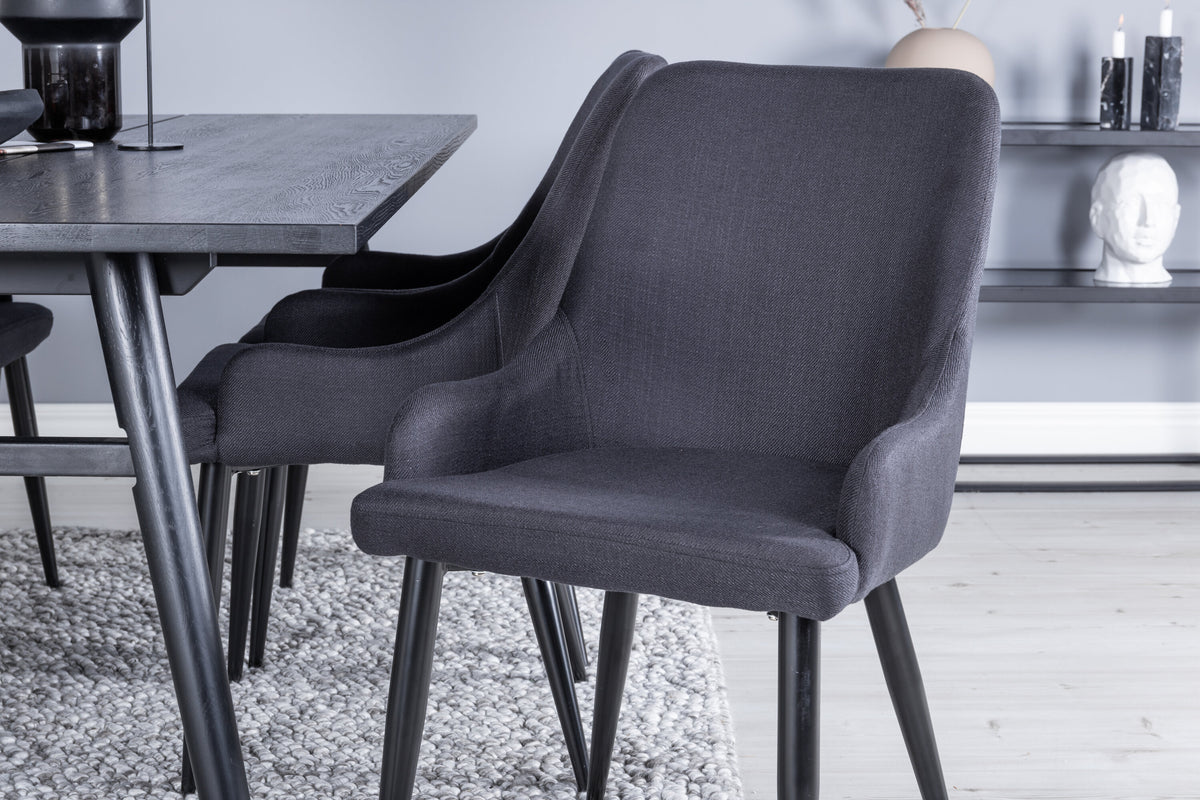 Sleek utdragbart matbord svart borstad 195*95 med 6 Plaza matstolar svarta ben svart tyg
