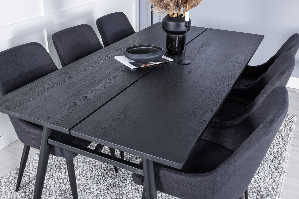 Sleek utdragbart matbord svart borstad 195*95 med 6 Plaza matstolar svarta ben svart tyg