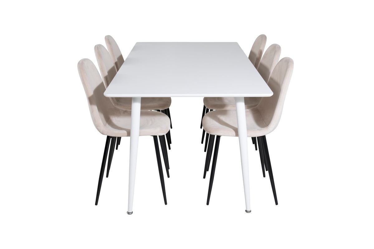 Polar matbord 180 cm vit topp/vita ben med 6 Polar matstolar svarta ben/beige sammet