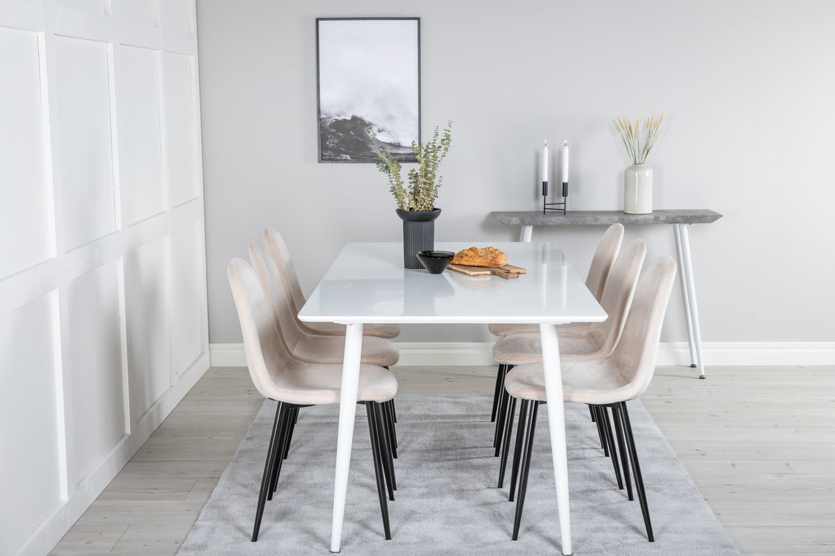 Polar matbord 180 cm vit topp/vita ben med 6 Polar matstolar svarta ben/beige sammet