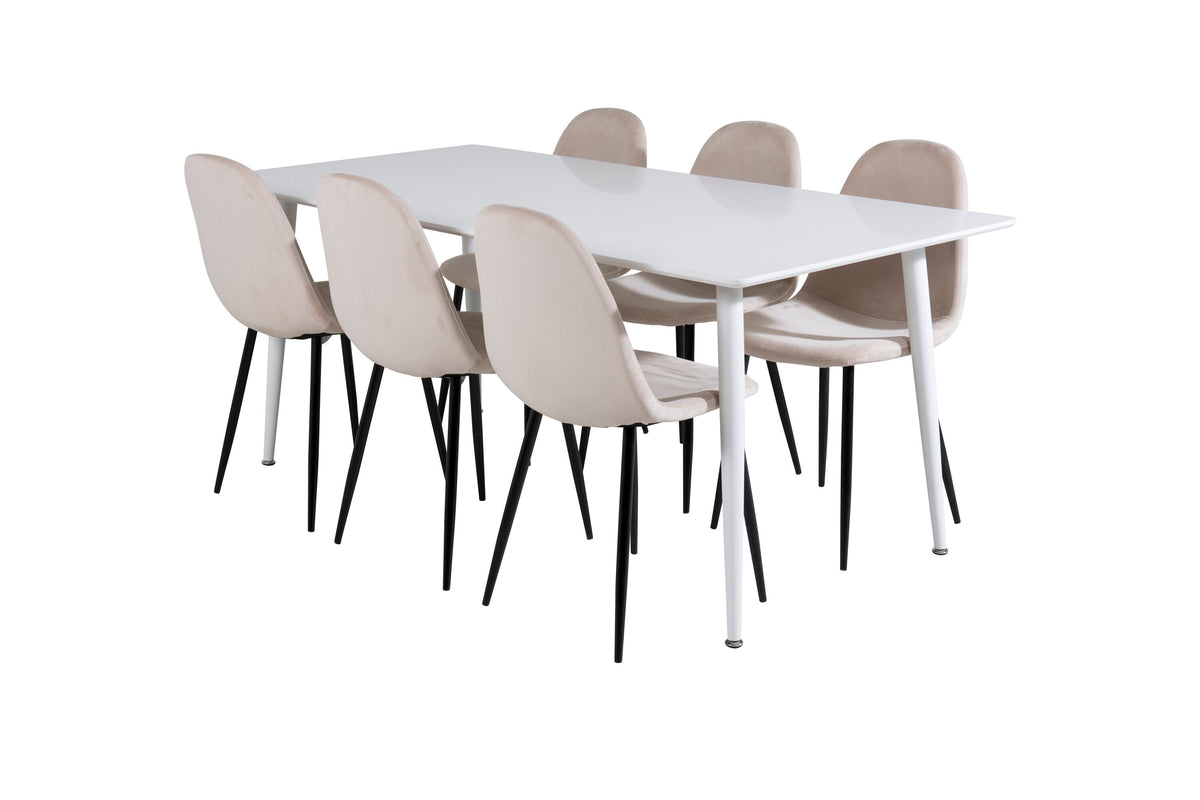 Polar matbord 180 cm vit topp/vita ben med 6 Polar matstolar svarta ben/beige sammet