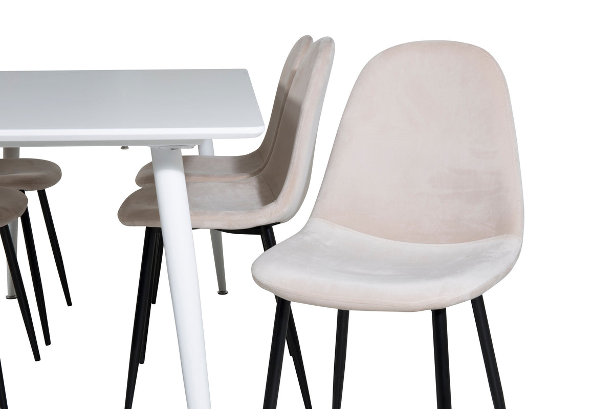 Polar matbord 180 cm vit topp/vita ben med 6 Polar matstolar svarta ben/beige sammet
