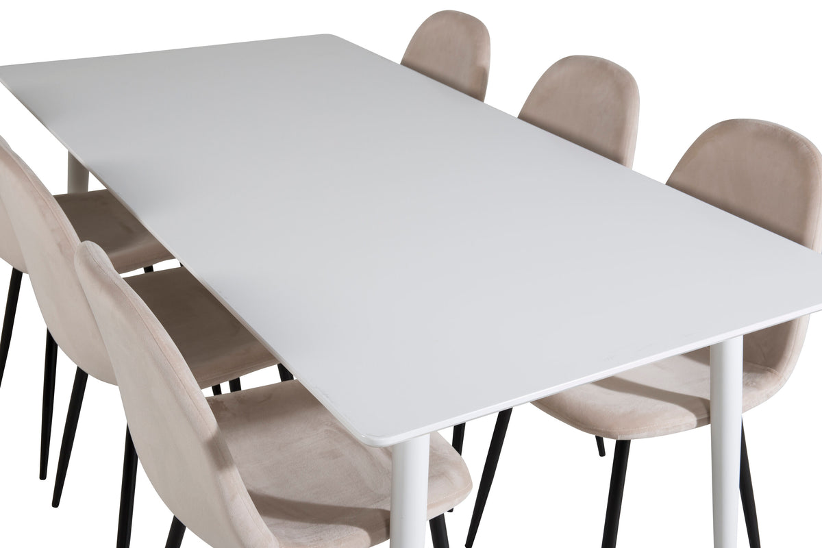 Polar matbord 180 cm vit topp/vita ben med 6 Polar matstolar svarta ben/beige sammet