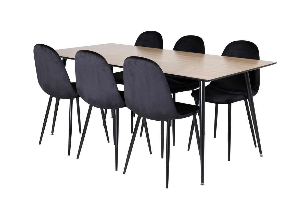 Silar matbord 180 cm trälook melamin/svarta ben med 6 Polar matstolar svarta ben/svart sammet