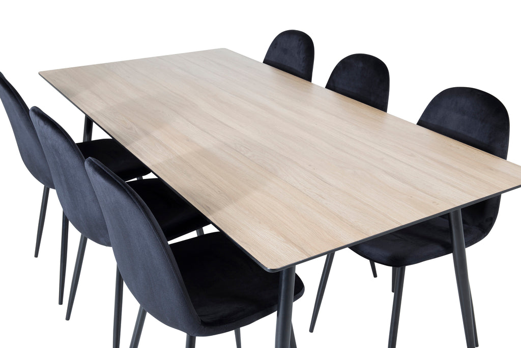 Silar matbord 180 cm trälook melamin/svarta ben med 6 Polar matstolar svarta ben/svart sammet