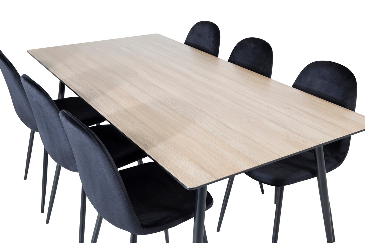 Silar matbord 180 cm trälook melamin/svarta ben med 6 Polar matstolar svarta ben/svart sammet