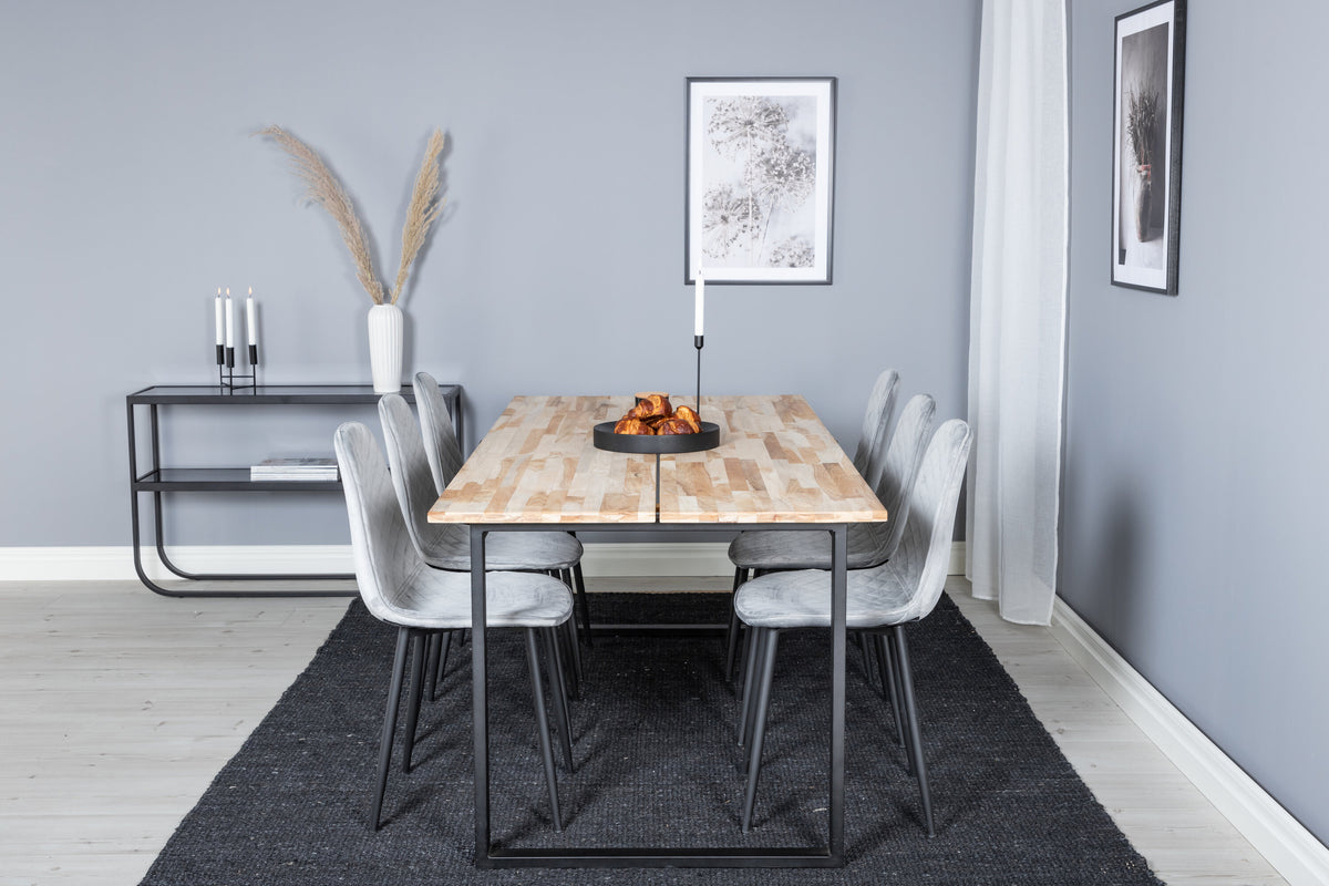 Cirebon matbord 200x90cm natur med svarta ben och 6 Polar Diamond matstolar svarta ben grå sammet