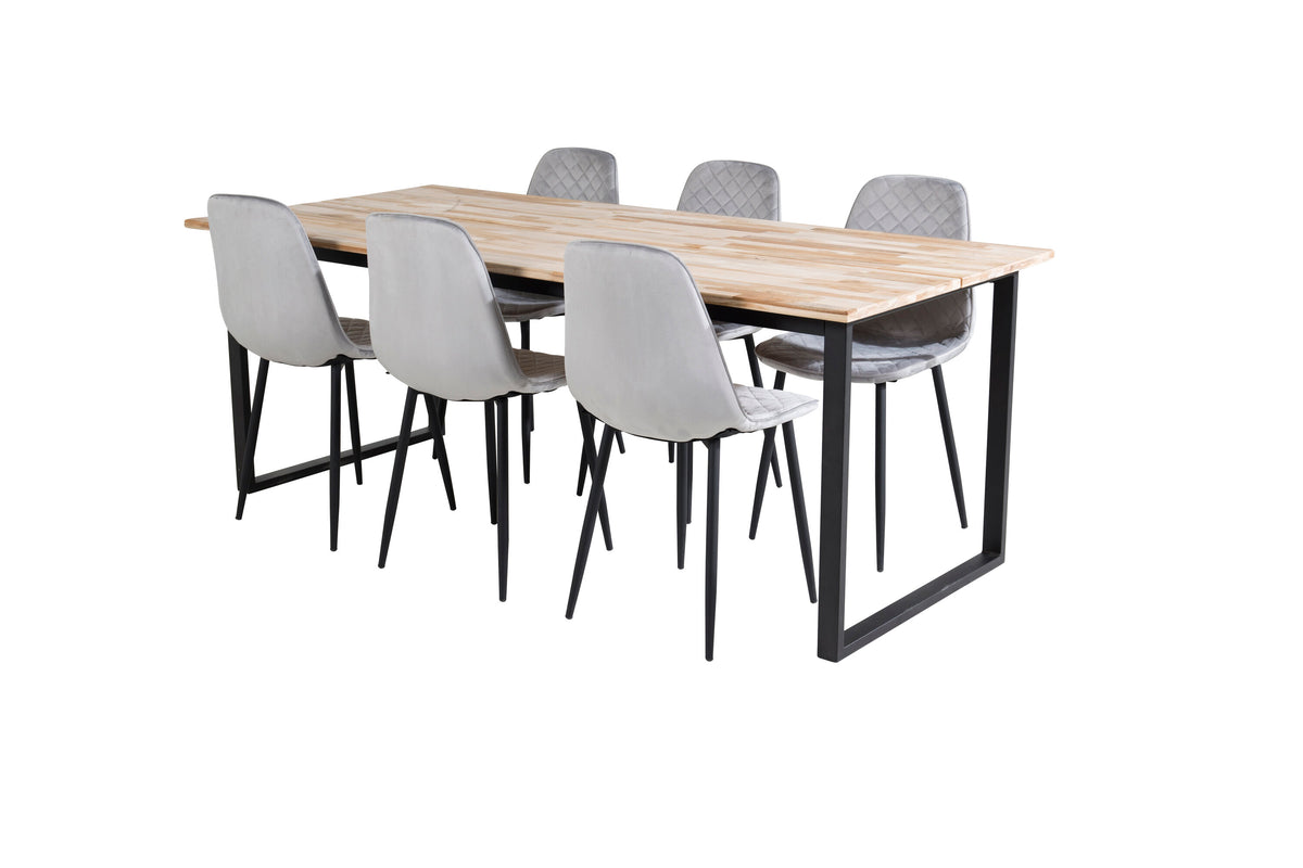 Cirebon matbord 200x90cm natur med svarta ben och 6 Polar Diamond matstolar svarta ben grå sammet