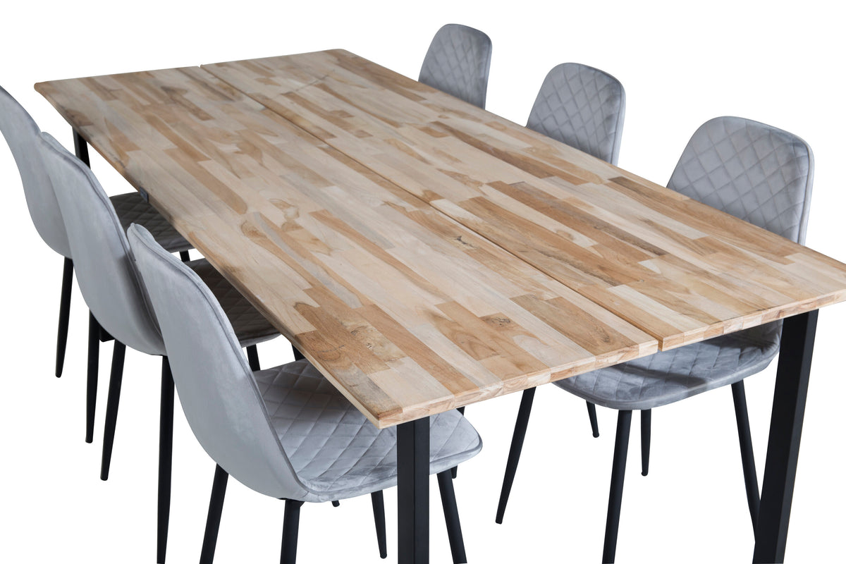 Cirebon matbord 200x90cm natur med svarta ben och 6 Polar Diamond matstolar svarta ben grå sammet