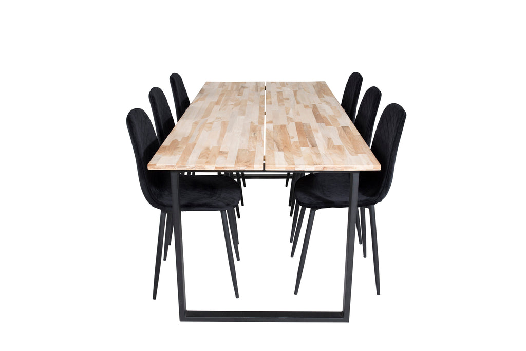 Cirebon matbord 200x90cm natur med svarta ben och 6 Polar Diamond matstolar svarta ben svart sammet