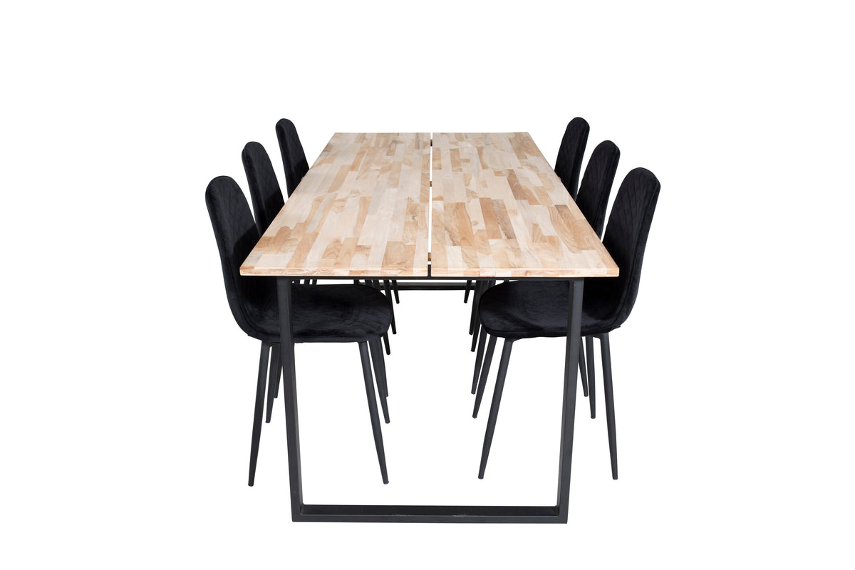 Cirebon matbord 200x90cm natur med svarta ben och 6 Polar Diamond matstolar svarta ben svart sammet