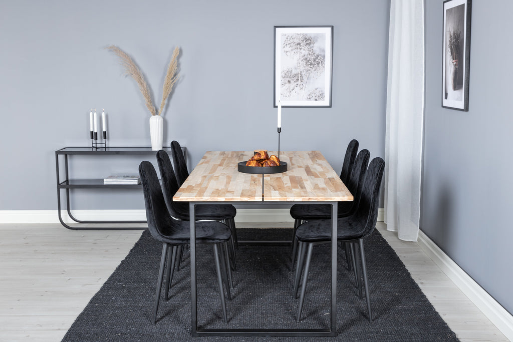 Cirebon matbord 200x90cm natur med svarta ben och 6 Polar Diamond matstolar svarta ben svart sammet