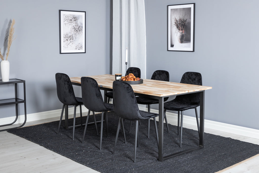 Cirebon matbord 200x90cm natur med svarta ben och 6 Polar Diamond matstolar svarta ben svart sammet