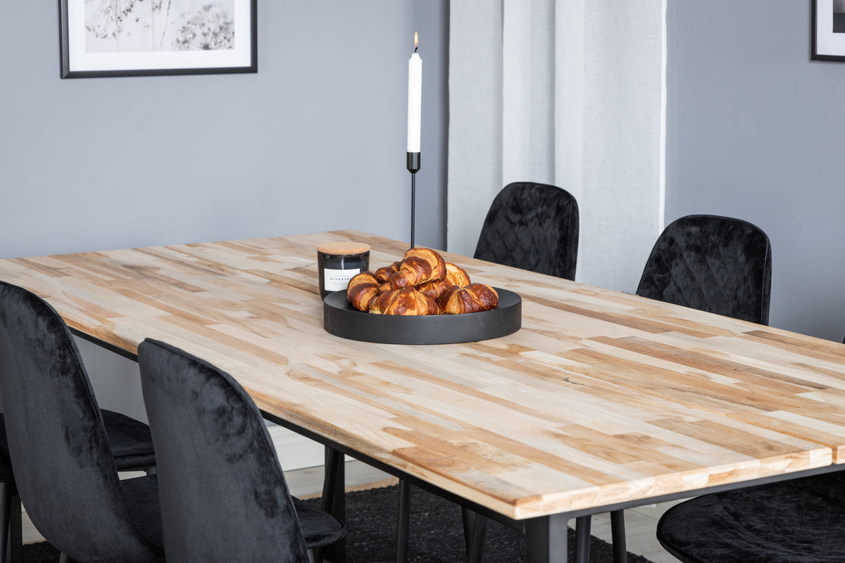 Cirebon matbord 200x90cm natur med svarta ben och 6 Polar Diamond matstolar svarta ben svart sammet