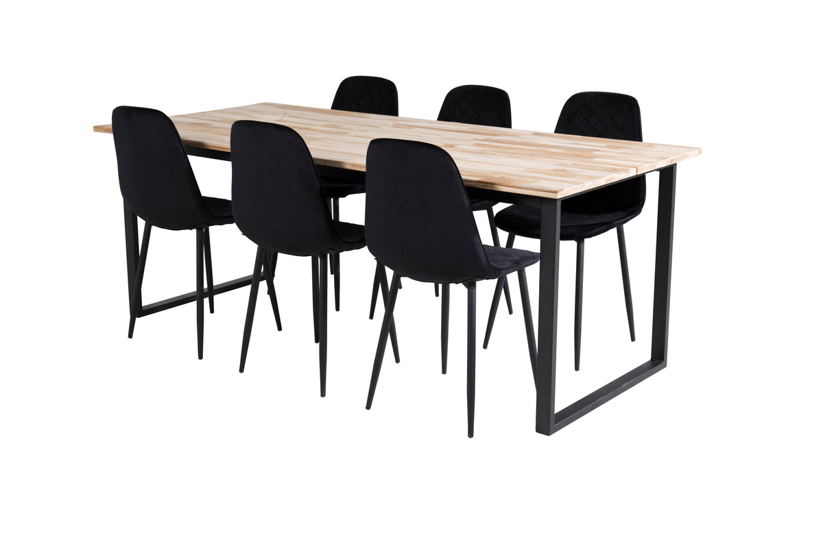 Cirebon matbord 200x90cm natur med svarta ben och 6 Polar Diamond matstolar svarta ben svart sammet