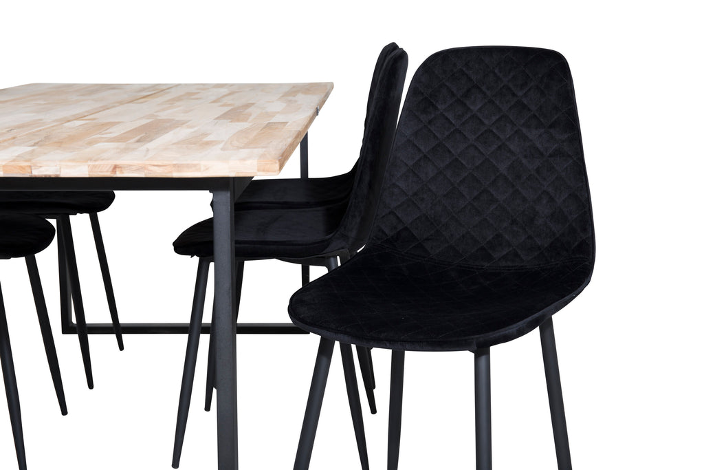 Cirebon matbord 200x90cm natur med svarta ben och 6 Polar Diamond matstolar svarta ben svart sammet