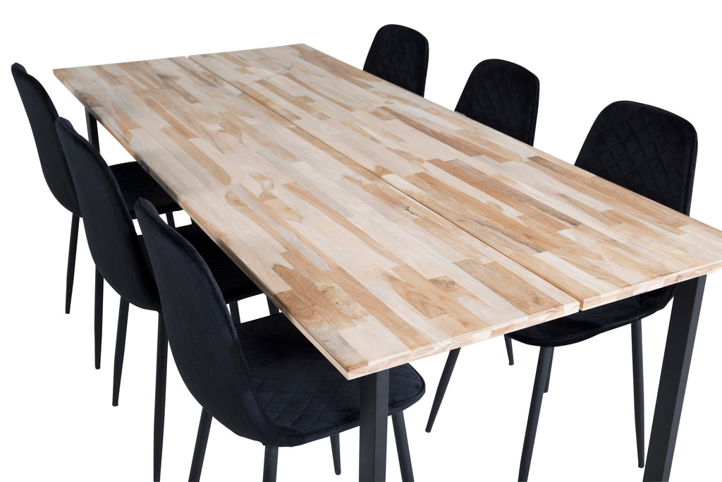 Cirebon matbord 200x90cm natur med svarta ben och 6 Polar Diamond matstolar svarta ben svart sammet
