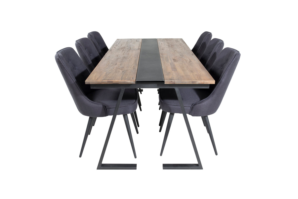 Jakarta matbord 200x90xH75 mörk teak med svarta ben och 6 Velvet Deluxe matstolar svarta ben svart tyg