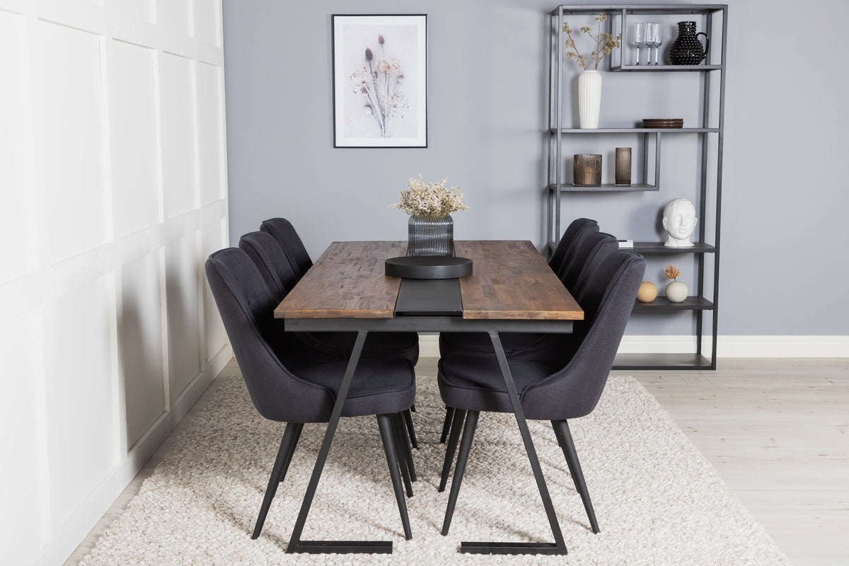 Jakarta matbord 200x90xH75 mörk teak med svarta ben och 6 Velvet Deluxe matstolar svarta ben svart tyg