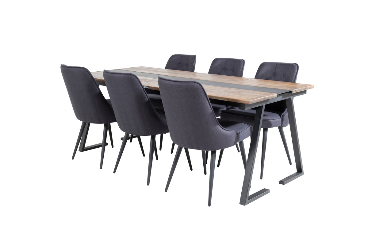 Jakarta matbord 200x90xH75 mörk teak med svarta ben och 6 Velvet Deluxe matstolar svarta ben svart tyg