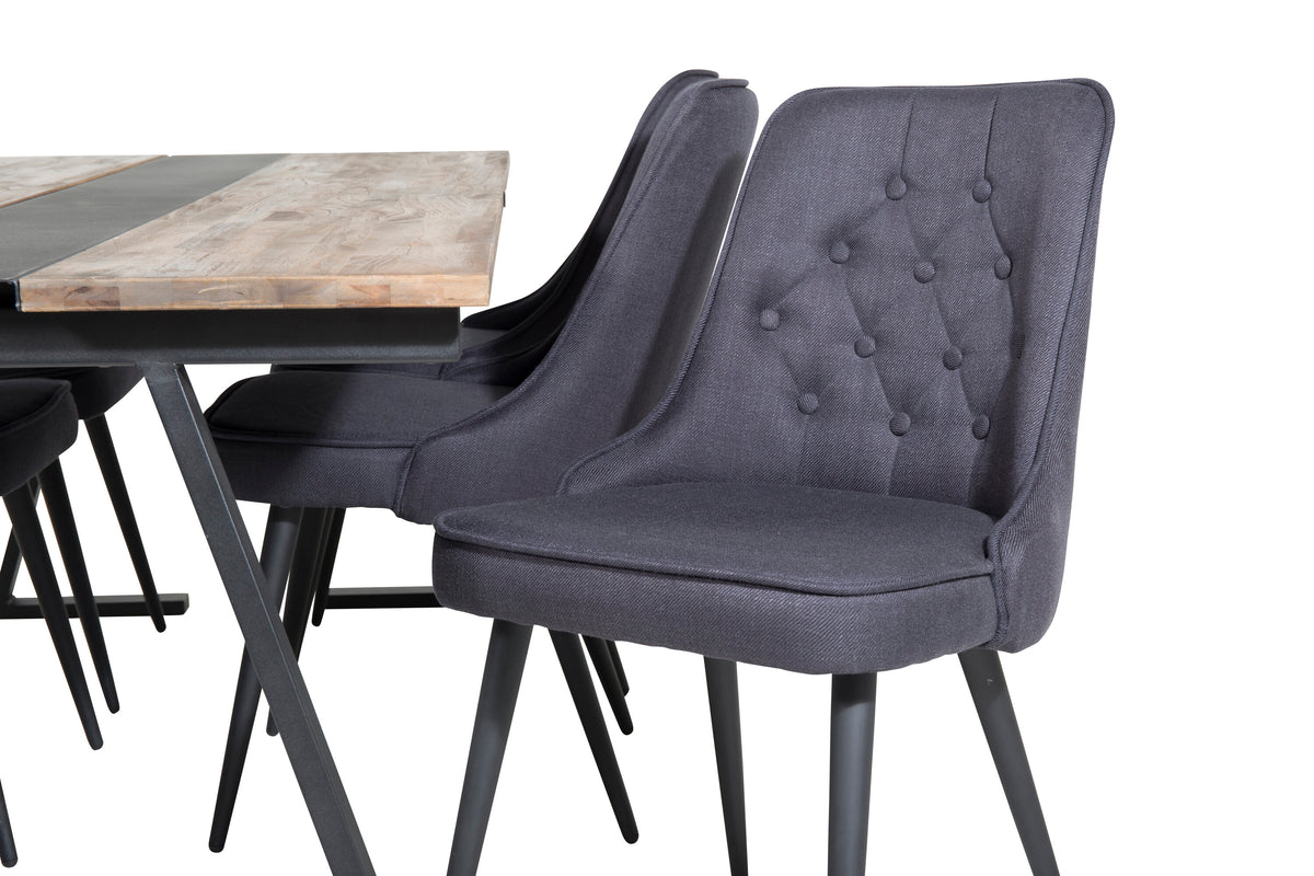 Jakarta matbord 200x90xH75 mörk teak med svarta ben och 6 Velvet Deluxe matstolar svarta ben svart tyg
