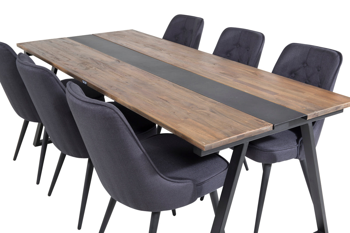 Jakarta matbord 200x90xH75 mörk teak med svarta ben och 6 Velvet Deluxe matstolar svarta ben svart tyg