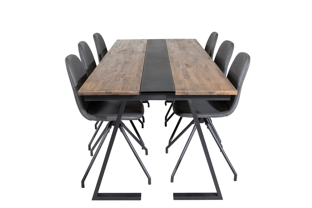 Jakarta matbord 200*90*H75 mörk teak/svart med 6 Polar matstolar med snurrfunktion svarta ben svart PU svarta sömmar