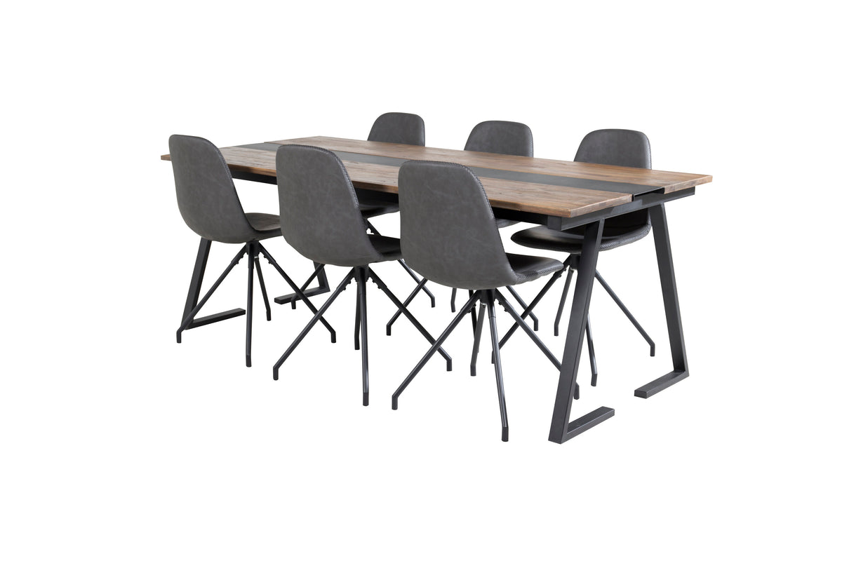 Jakarta matbord 200*90*H75 mörk teak/svart med 6 Polar matstolar med snurrfunktion svarta ben svart PU svarta sömmar