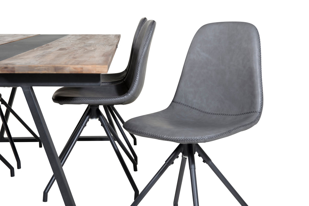 Jakarta matbord 200*90*H75 mörk teak/svart med 6 Polar matstolar med snurrfunktion svarta ben svart PU svarta sömmar