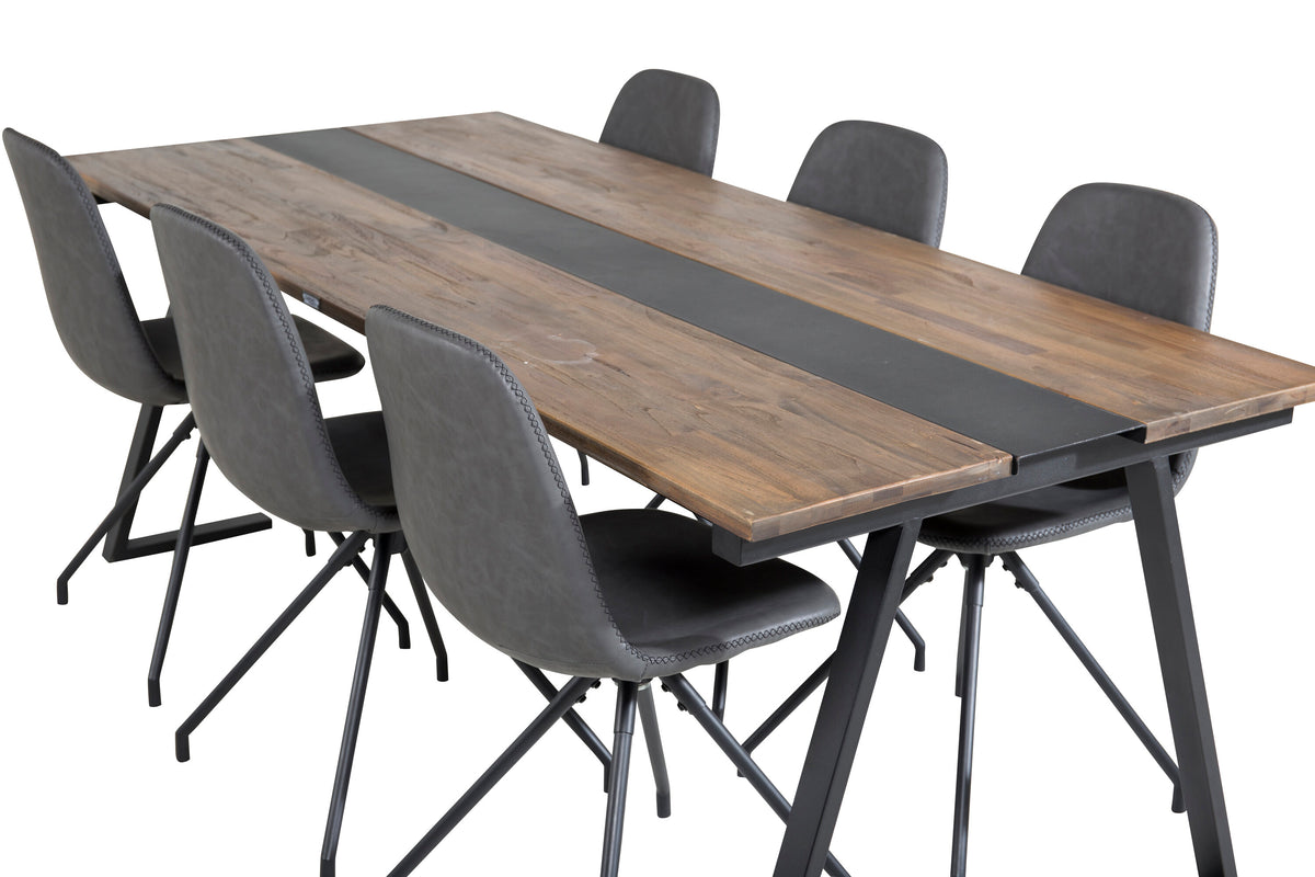 Jakarta matbord 200*90*H75 mörk teak/svart med 6 Polar matstolar med snurrfunktion svarta ben svart PU svarta sömmar