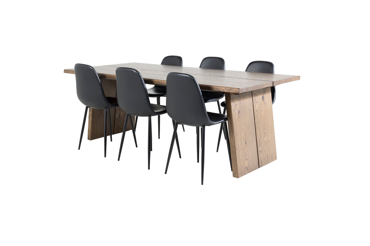 Logger matbord rökt ek 210 cm med 6 Polar matstolar svart