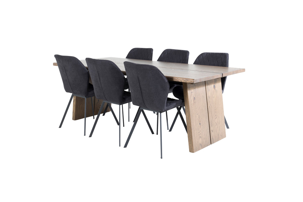 Logger matbord rökt ek 210 cm med 6 Gemma matstolar svarta ben svart tyg