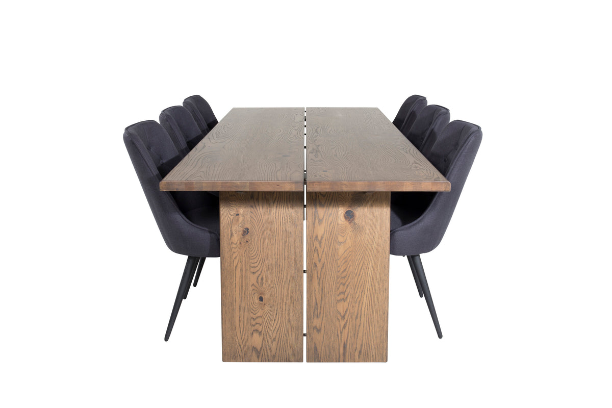 Logger matbord rökt ek 210 cm med 6 Velvet Deluxe matstolar svarta ben svart tyg