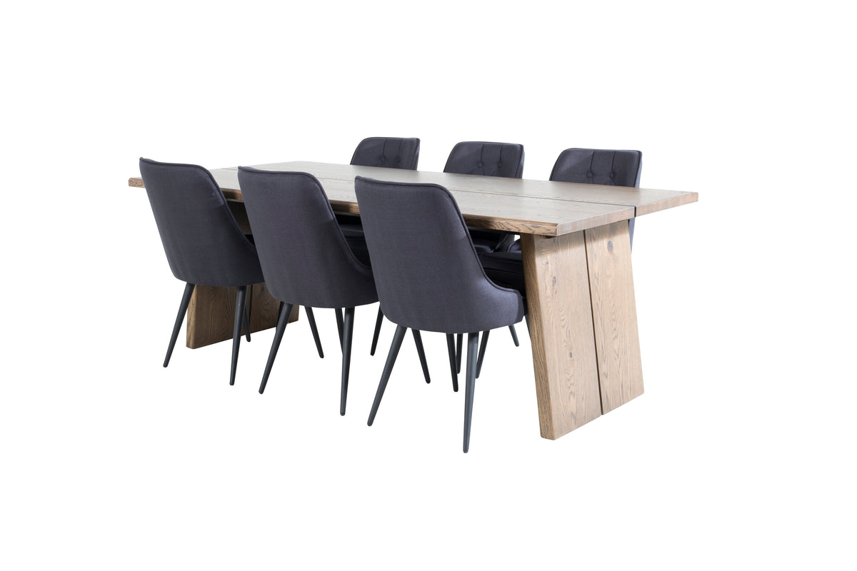 Logger matbord rökt ek 210 cm med 6 Velvet Deluxe matstolar svarta ben svart tyg