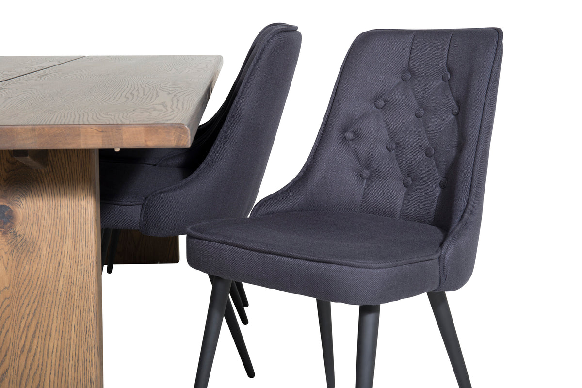 Logger matbord rökt ek 210 cm med 6 Velvet Deluxe matstolar svarta ben svart tyg