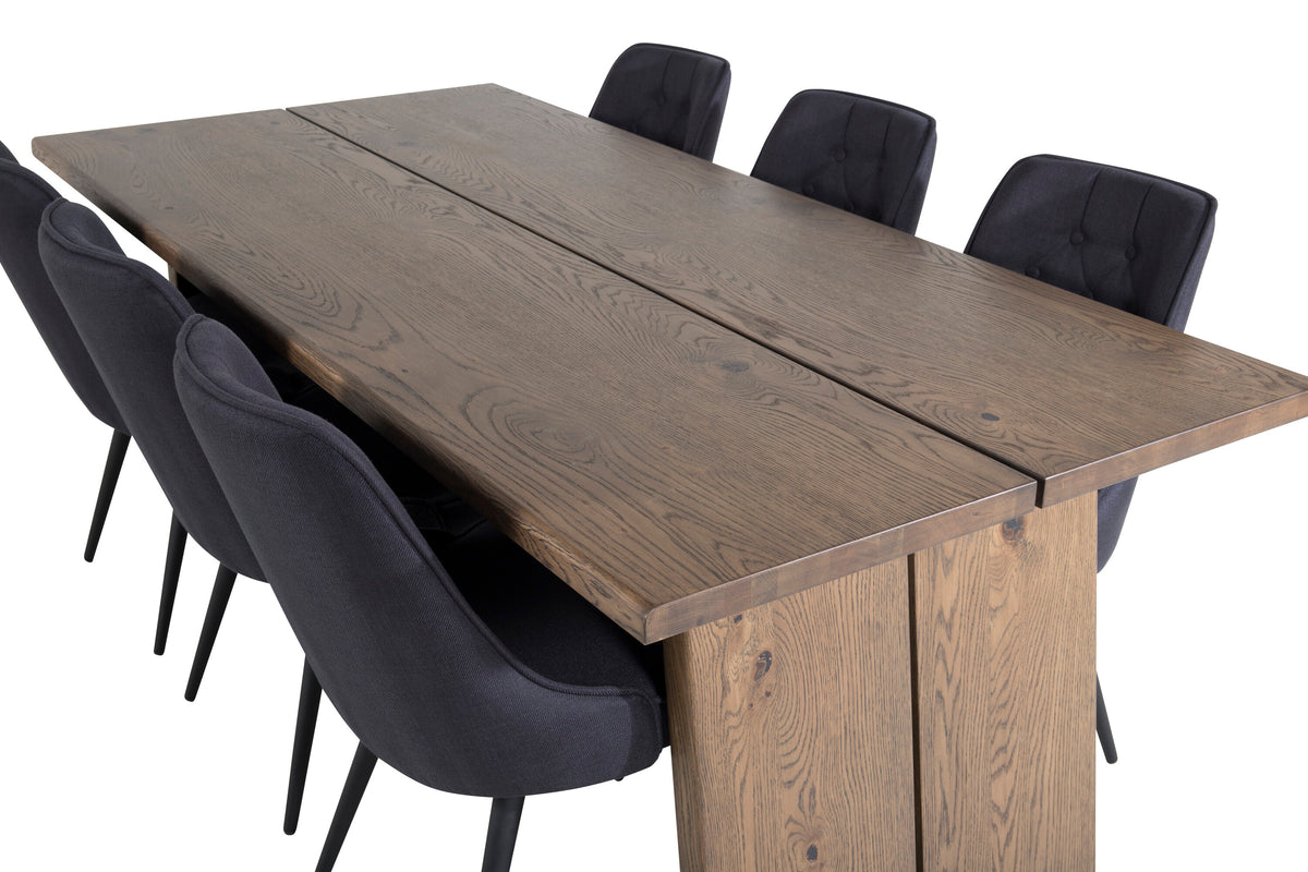 Logger matbord rökt ek 210 cm med 6 Velvet Deluxe matstolar svarta ben svart tyg