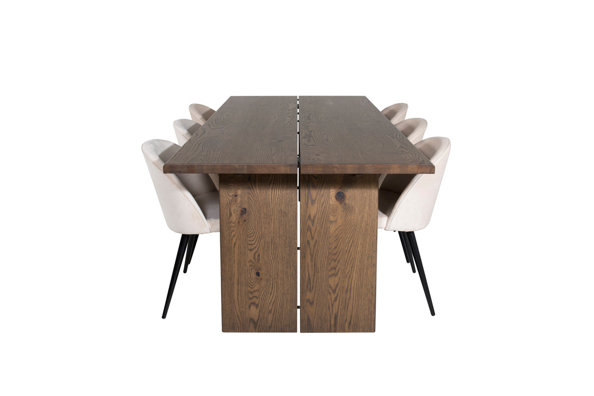 Logger matbord rökt ek 210 cm med 6 Velvet matstolar beige