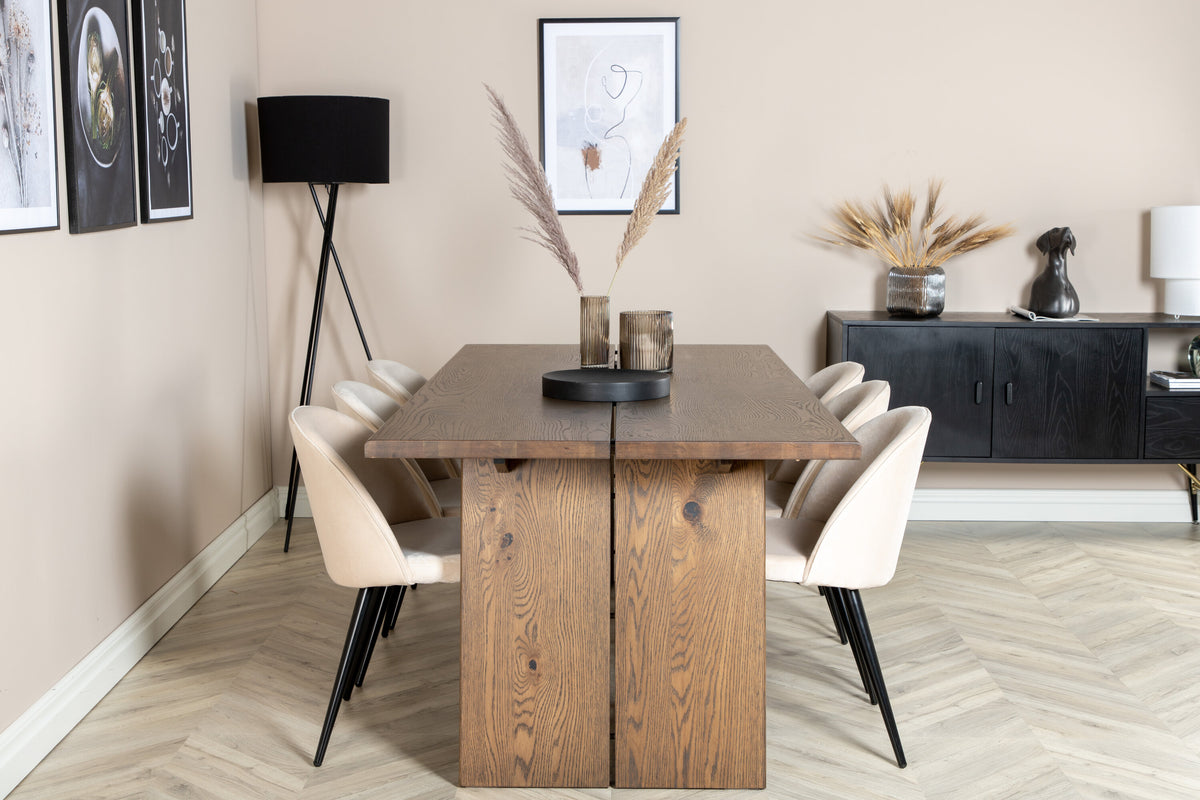 Logger matbord rökt ek 210 cm med 6 Velvet matstolar beige
